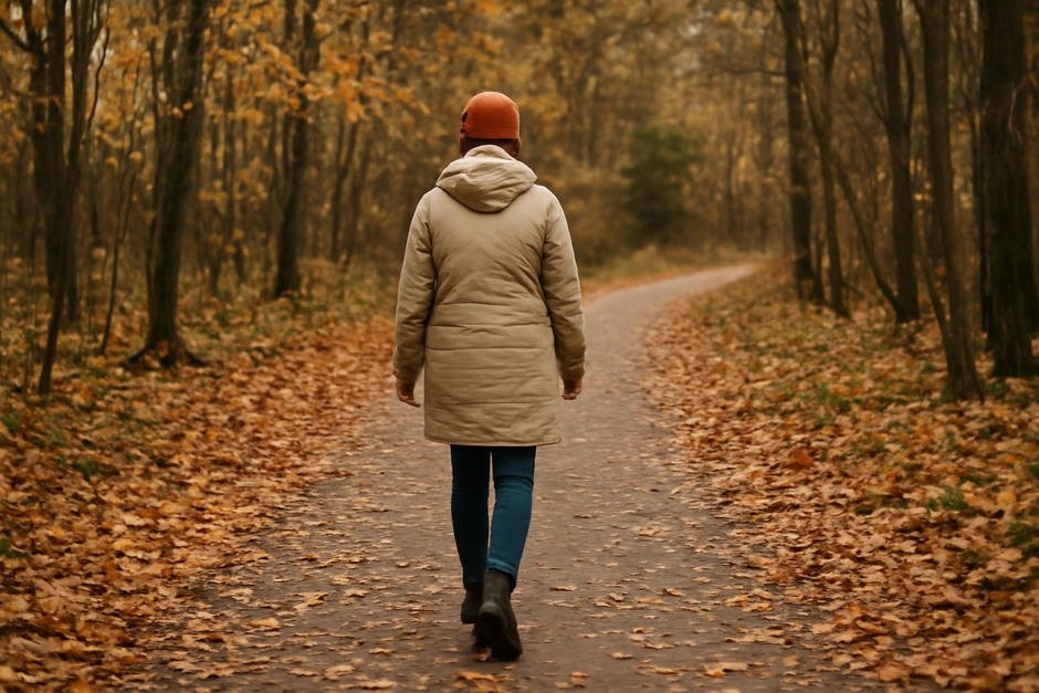 Person walking on a leaf-strewn path in late autumn