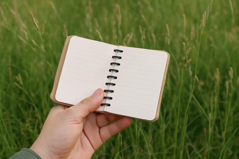 A hand holding a small notebook beside a patch of meadow grass